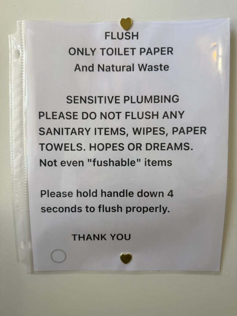 Handmade sign reads "Not even fushable items" 