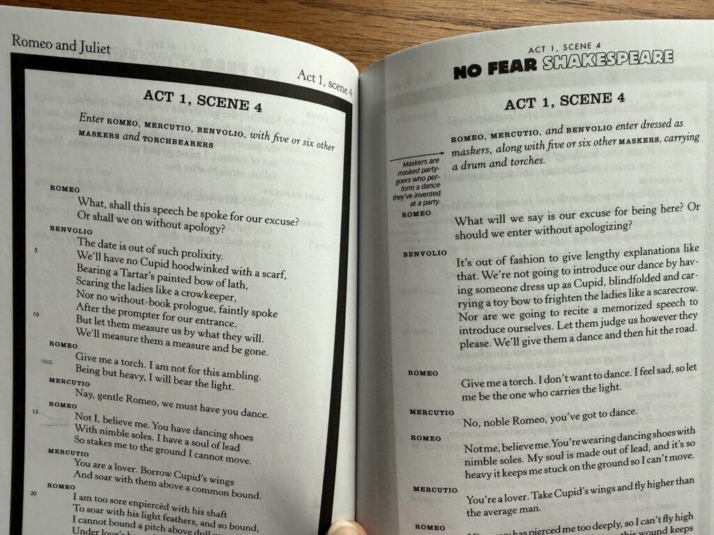 A page from No Fear Shakespeare Romeo and Juliet.